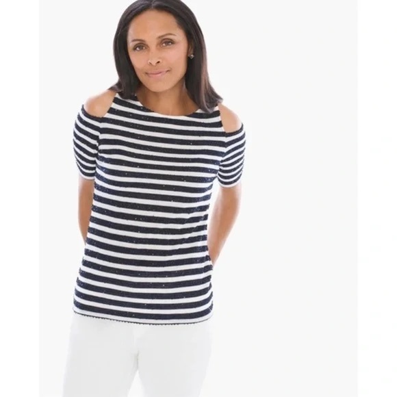 Chico’s Sequins Navy Blue White Striped Cold Shoulder Knit Blouse Size 1 (US M) - Picture 11 of 17